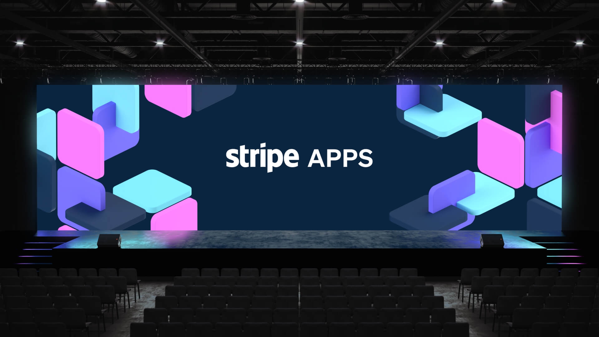A mockup of a conference stage with a dark Stripe Apps backdrop