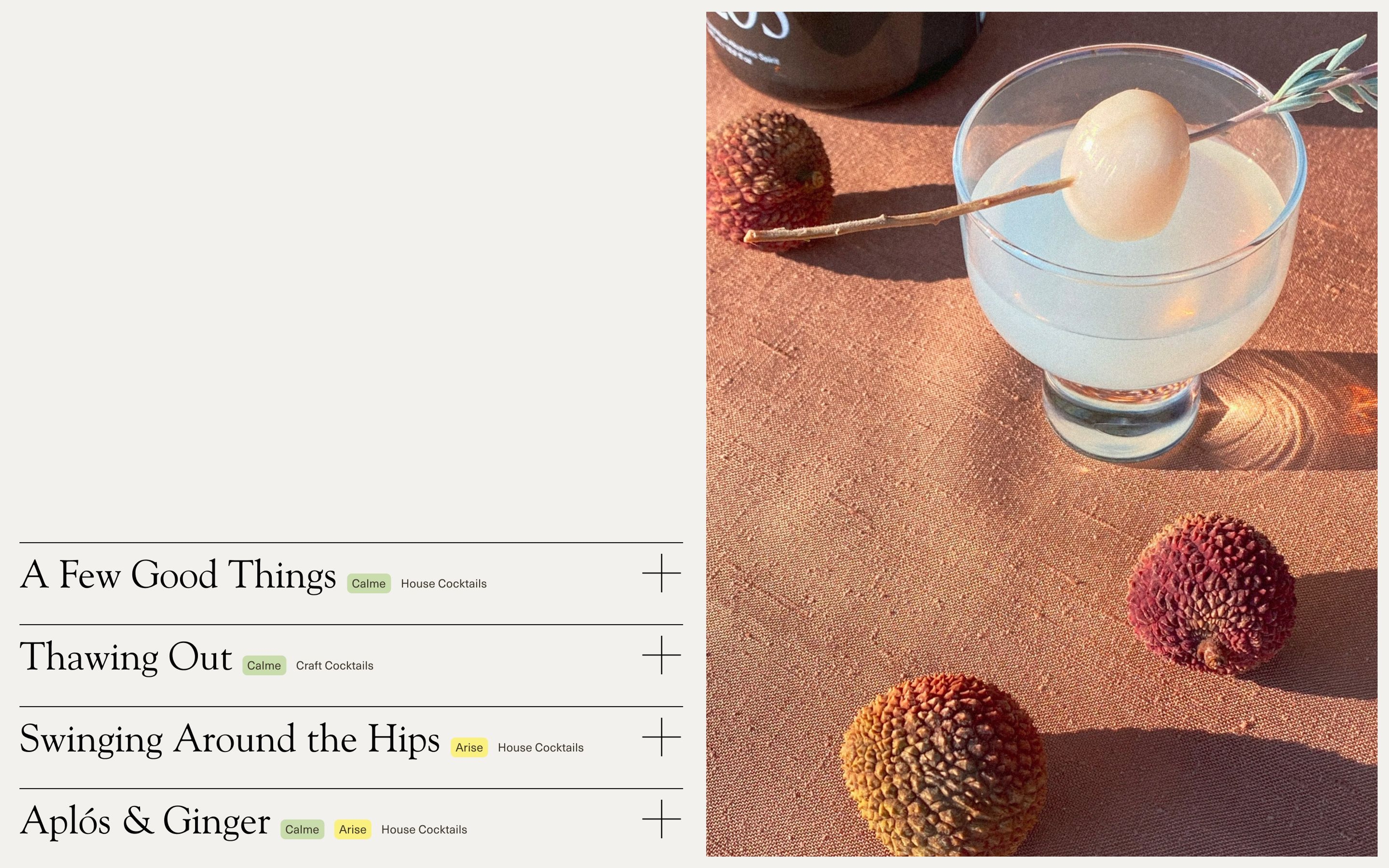 A layout shows an expanding table of recipes on the left, and a photo of a cocktail surrounded lychees on the right.