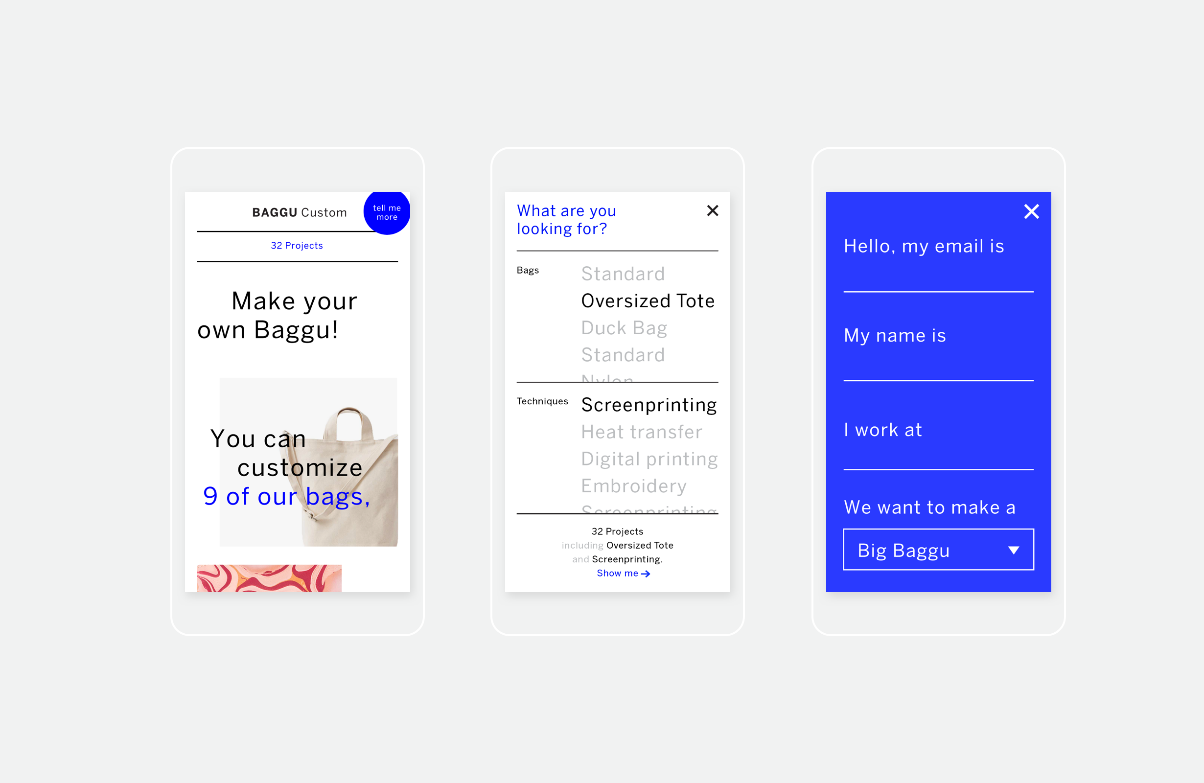 Mobile screens of the Baggu Custom website