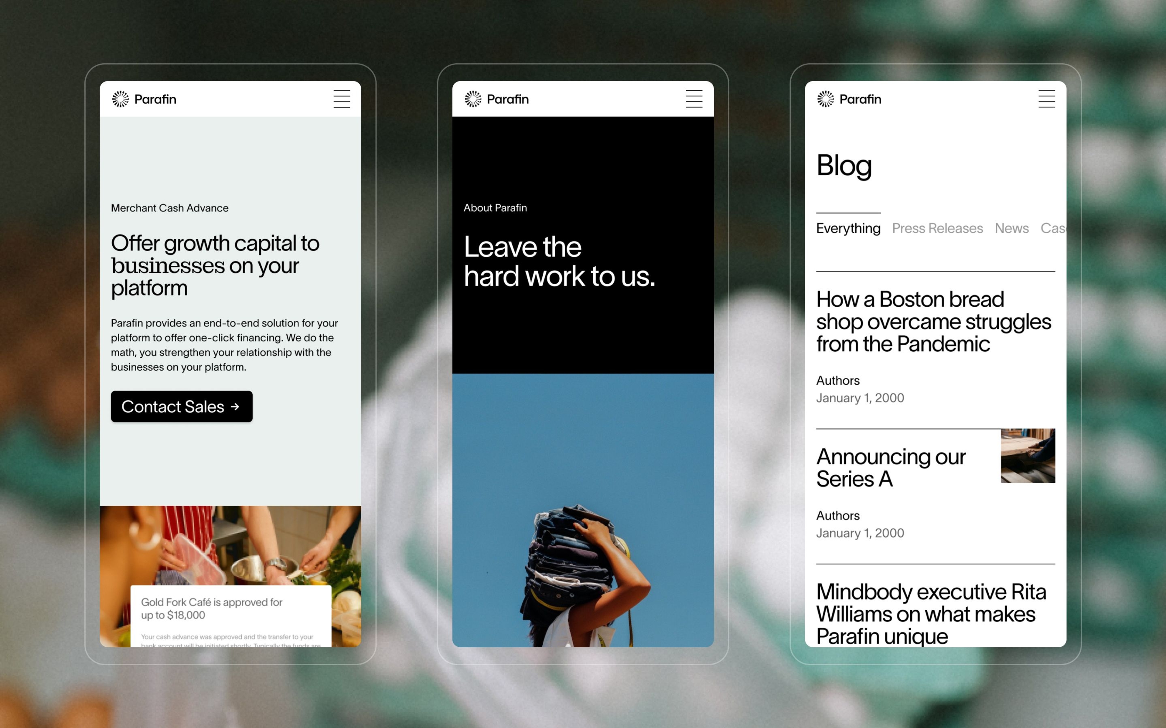 Mockups of parafin.com on mobile