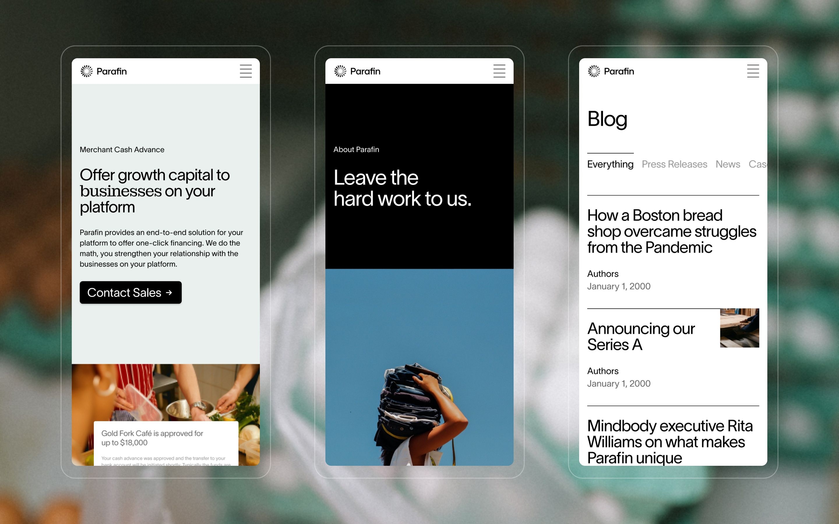 Mockups of parafin.com on mobile