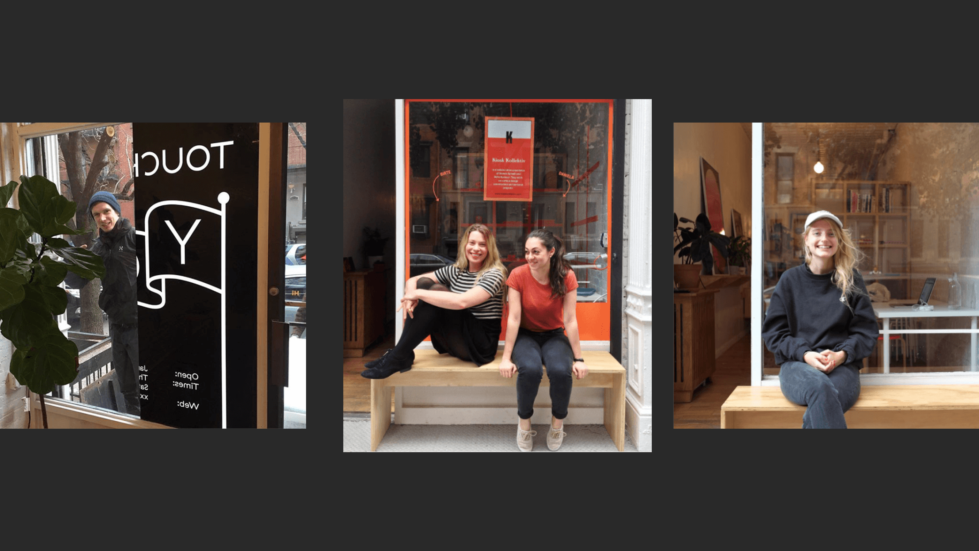 Row of photos showing past atelier hosts in front of resident space