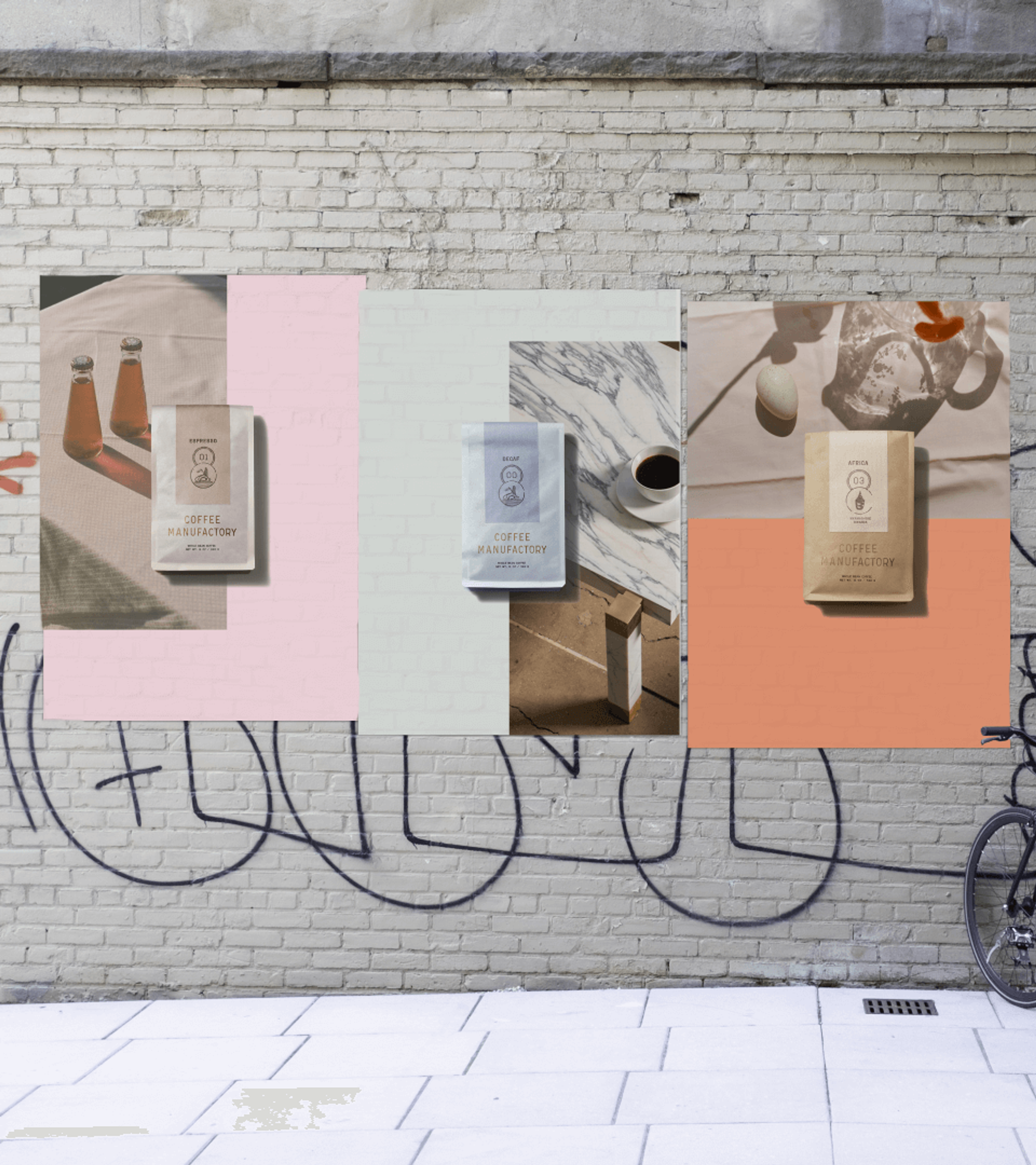 Coffee Manufactory out of home advertising: posters on brick wall