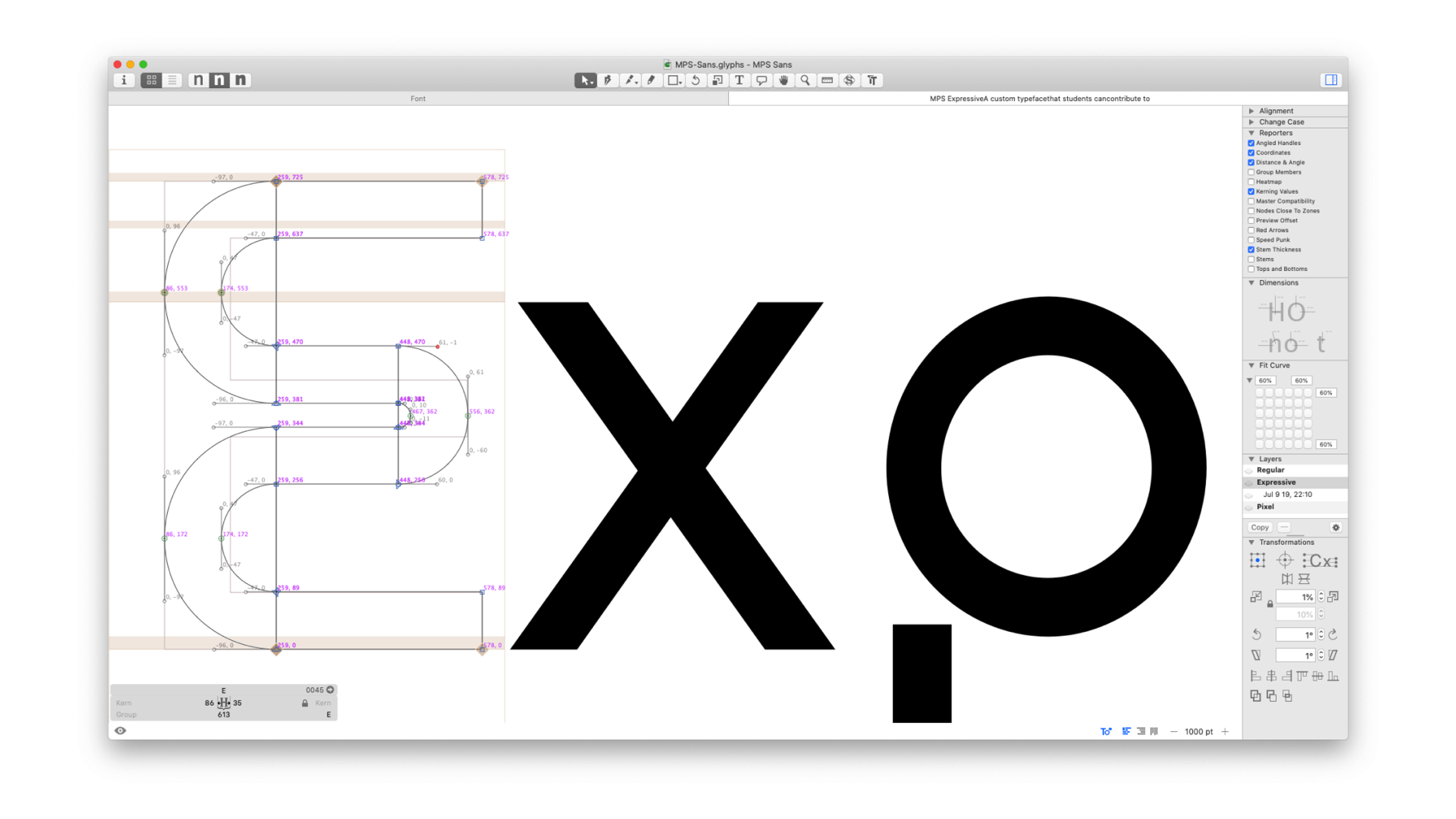 Detail view of the glyph editing in type software