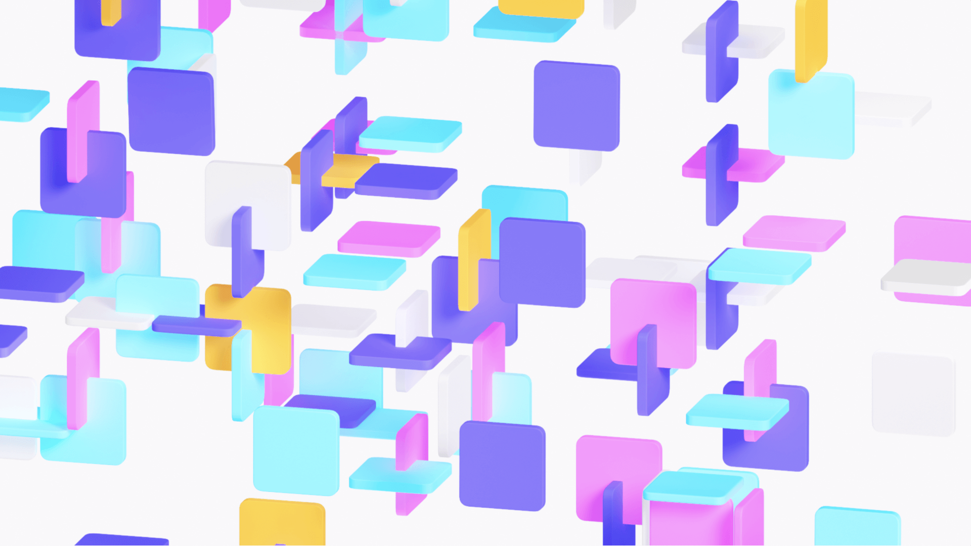 Animation of colorful 3D tiles snapping into each other creating an rich environment of connected apps