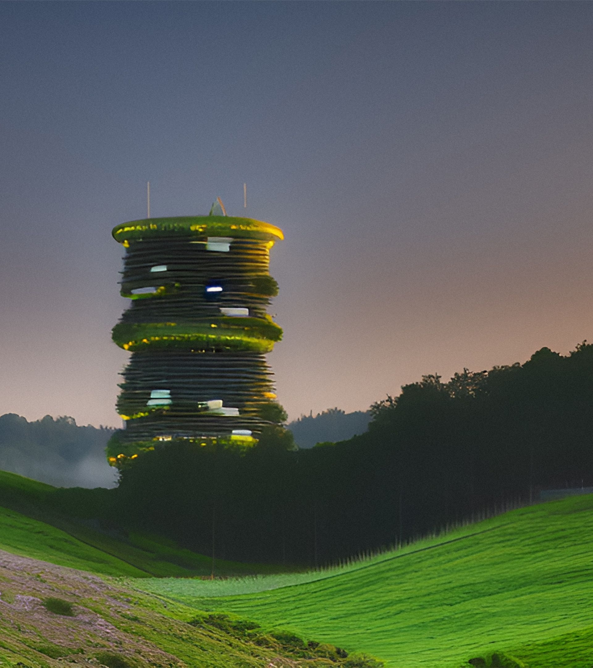 Gnosis AI illustration of a building in a grassy field