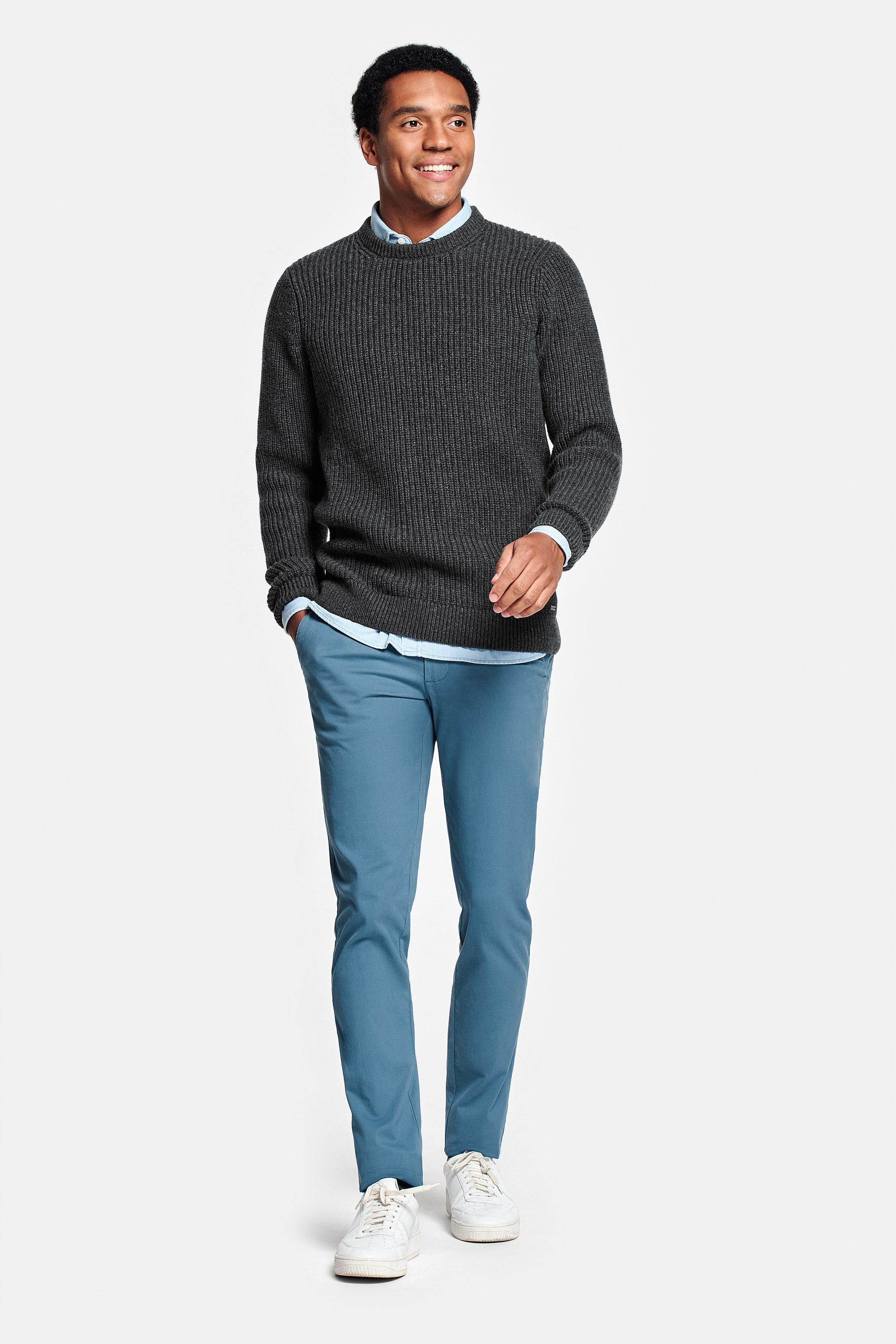 Blue sweater gray store pants