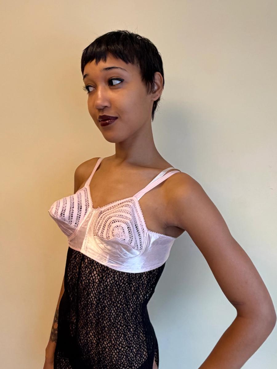 1940s-50s Pink Satin & Crocheted Bullet Bra  product image