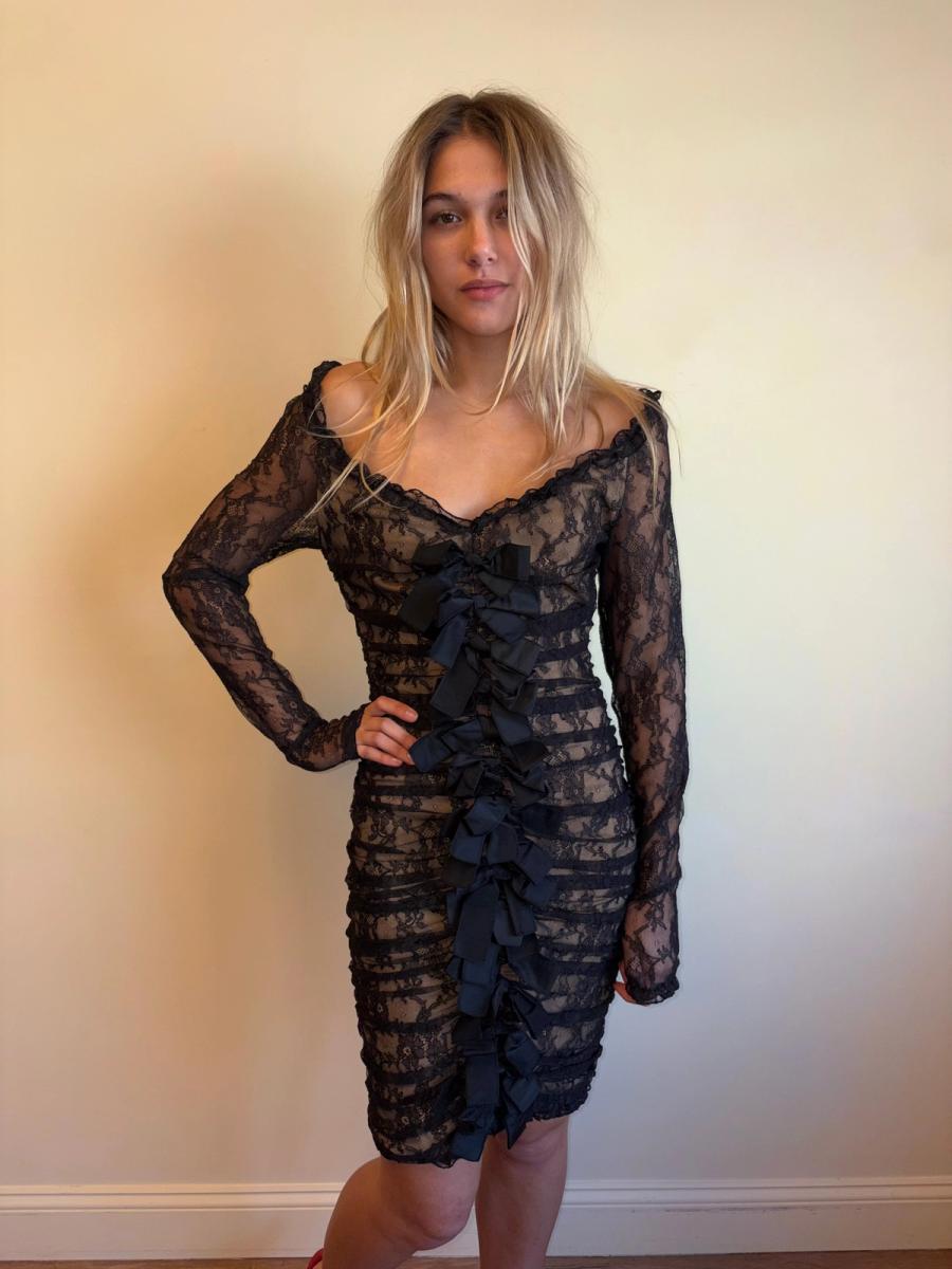 1980s Angelo Tarlazzi Lace Bow Nude Illusion Dress product image