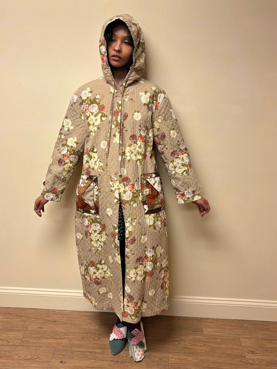 Kaneko Isao Quilted Robe Coat With Patchwork Pockets & Hood product image