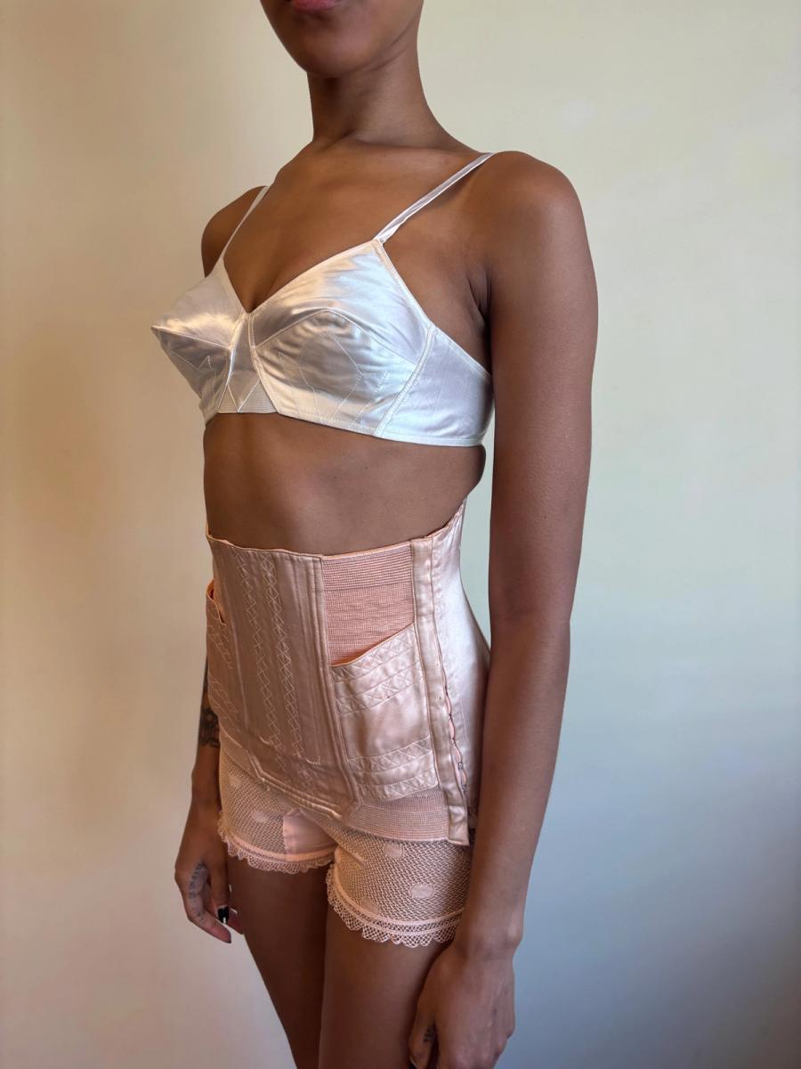 White Satin French Bullet Bra with Embroidered Front product image