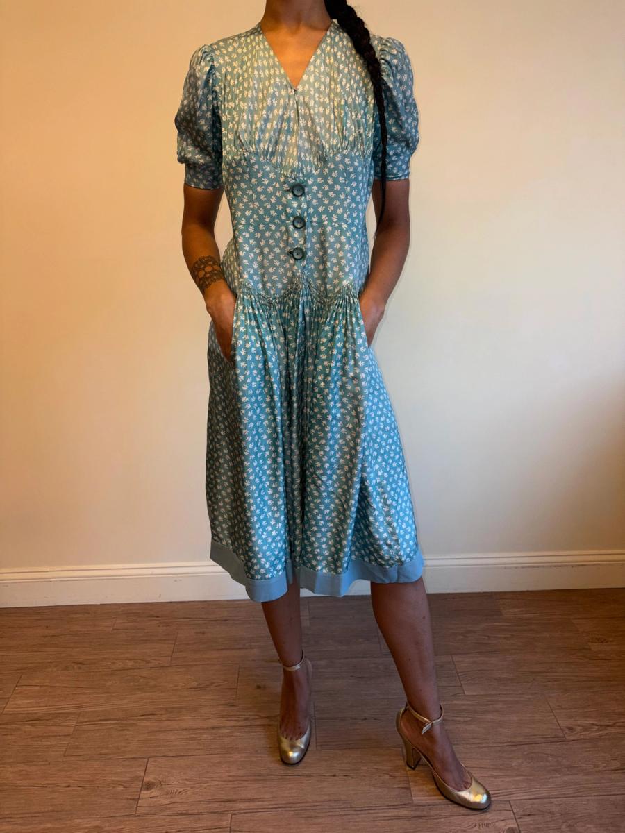 1940s Turquoise Floral Cold Rayon Dress product image