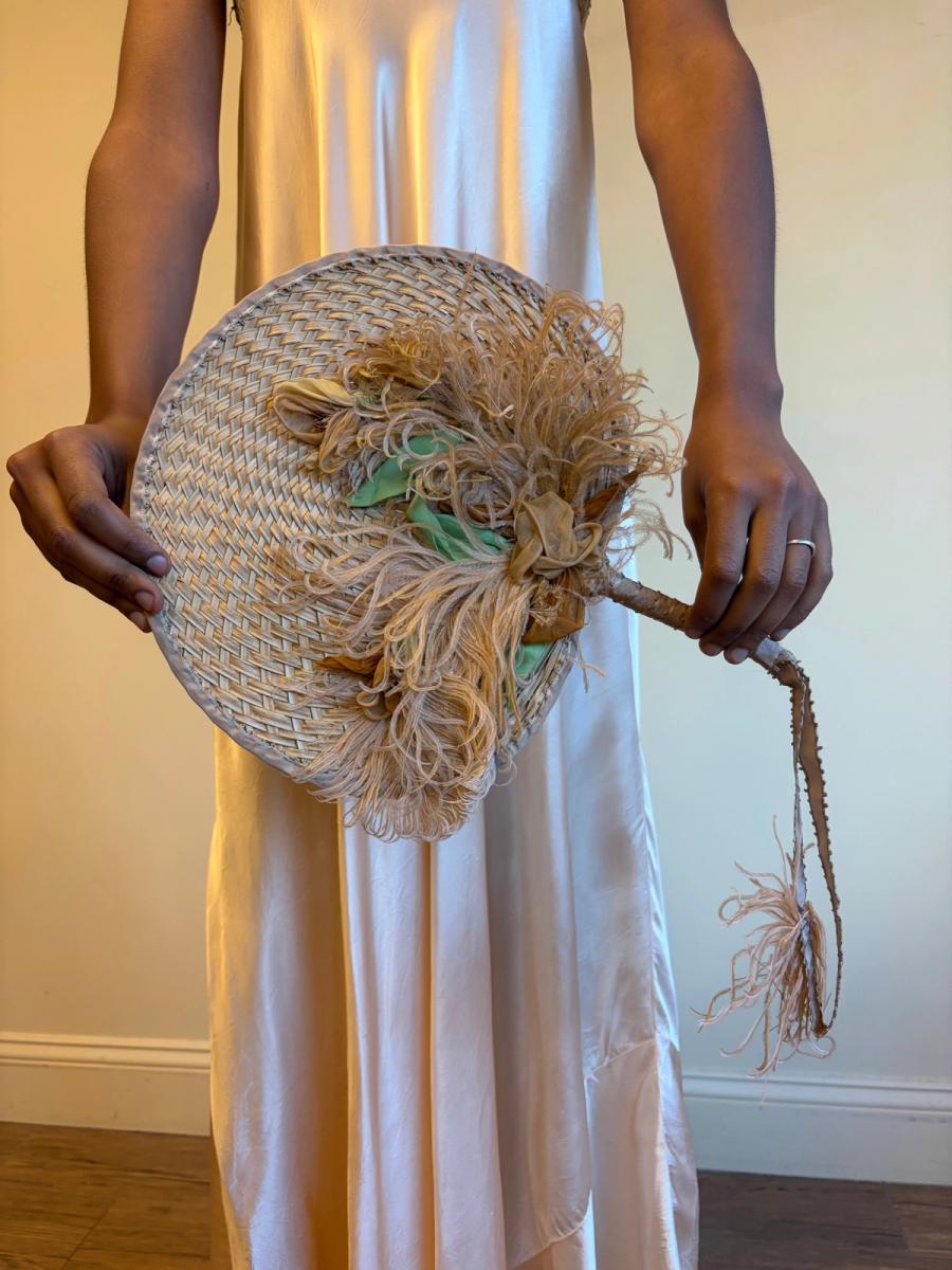 Antique Woven Straw Fan With Exquisite Feather Adornment  product image