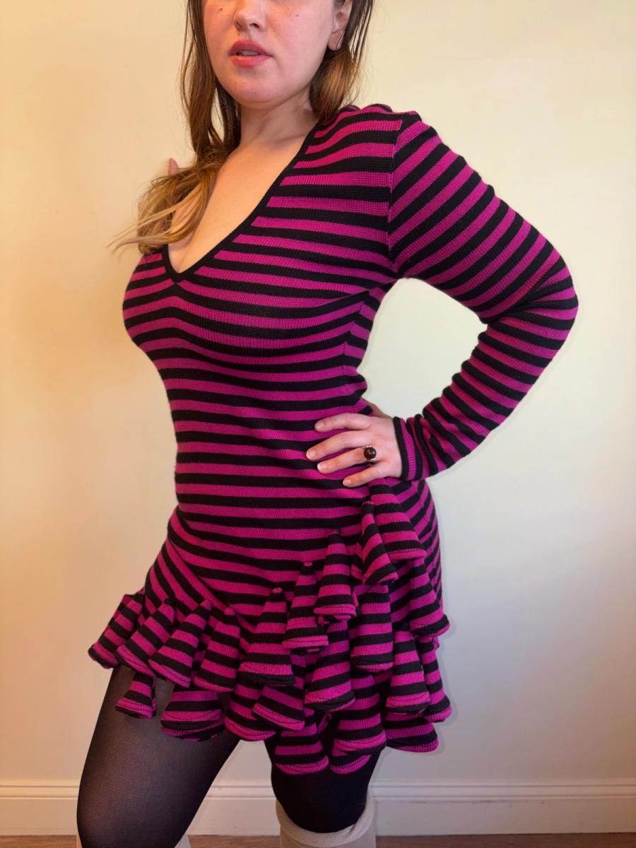 1980s Dorothée Bis Hot Pink Striped Dress With Dimensional Rosettes  product image