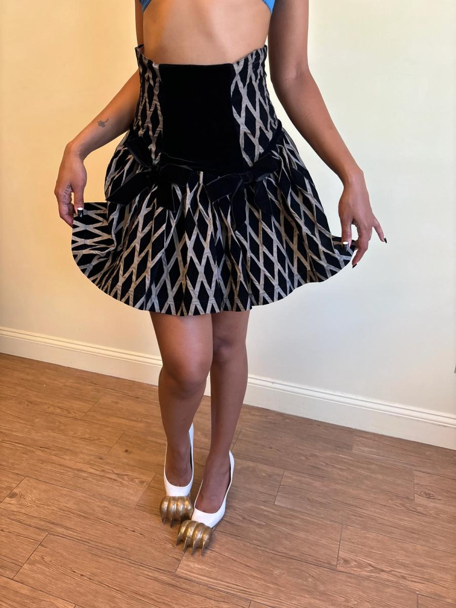 80s Chantal Thomass Hi-Waisted Diamond Flocked Bow Skirt product image