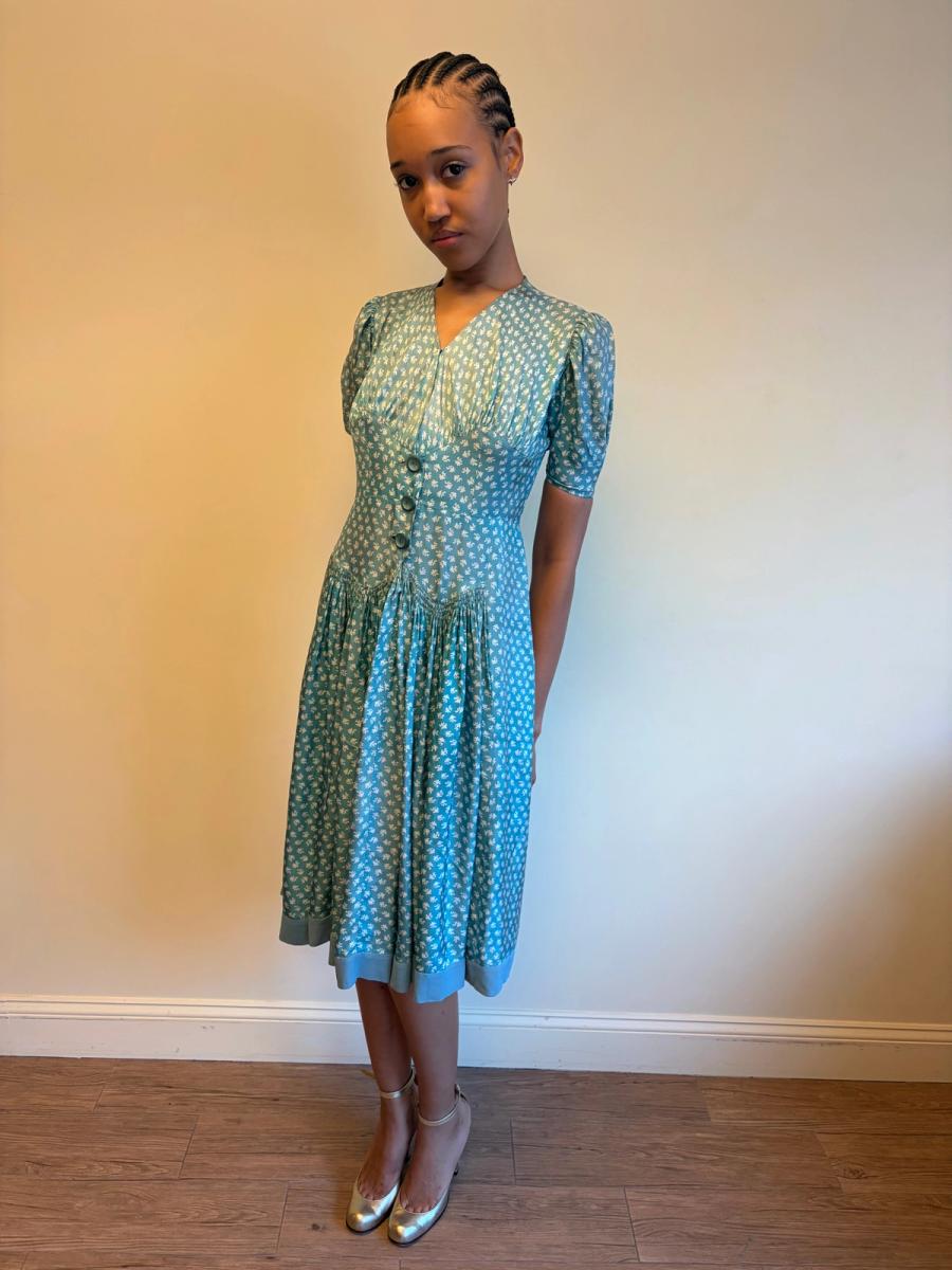 1940s Turquoise Floral Cold Rayon Dress product image