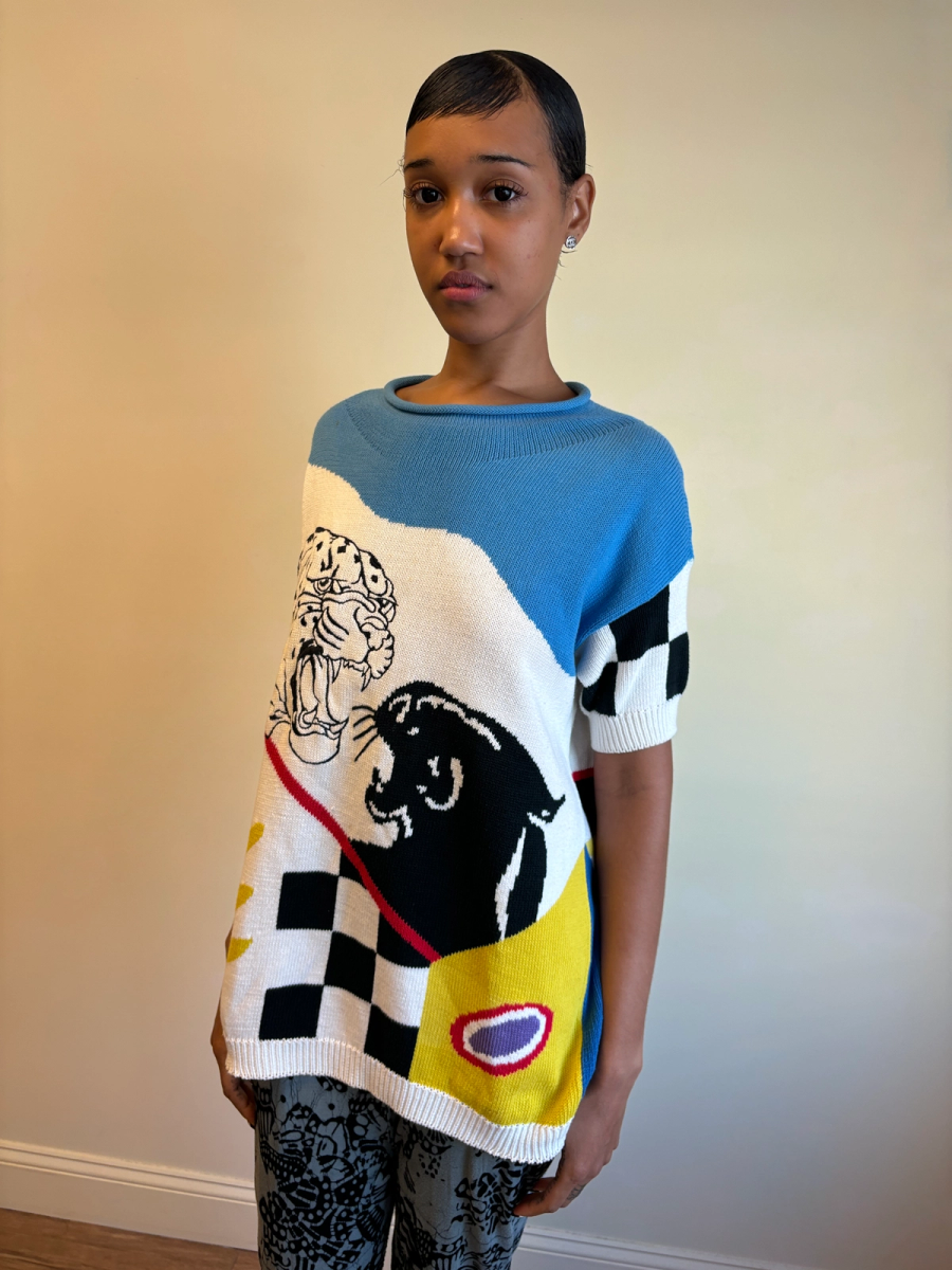 80s Krizia Battling Big Cats Knit Sweater product image