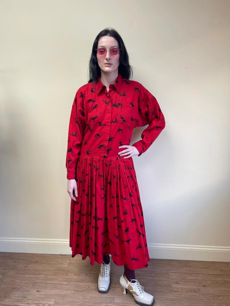 1980s Norma Kamali Flannel Horse Print Dress product image
