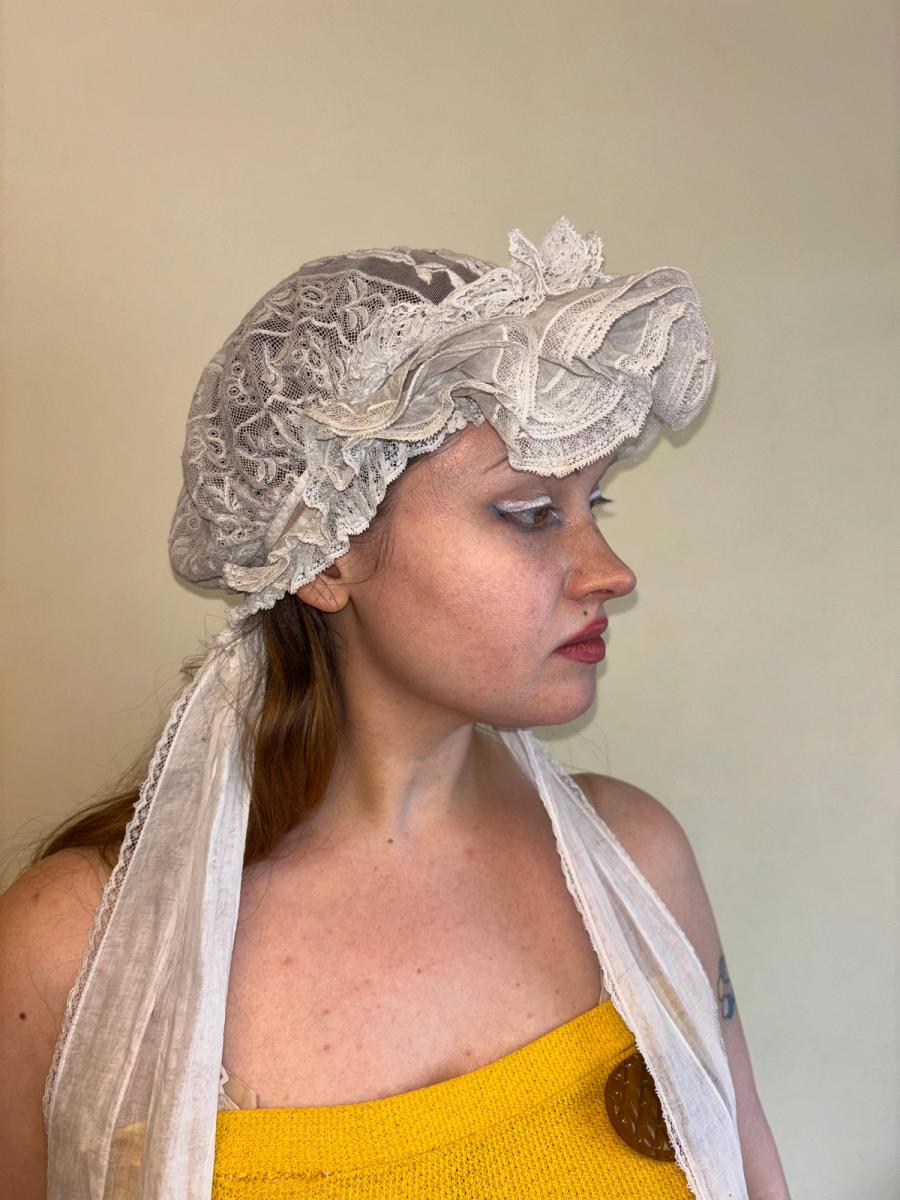 Antique French Embroidered Bonnet with Sashes product image