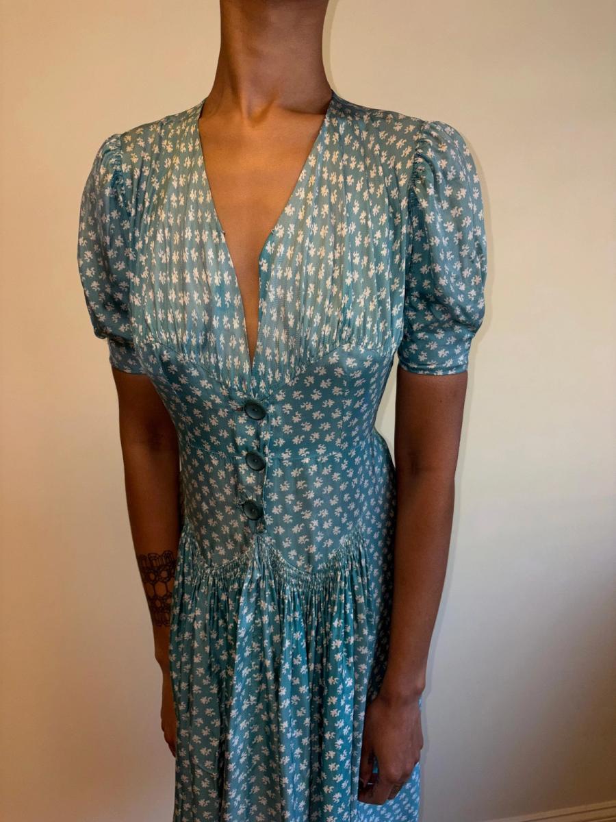 1940s Turquoise Floral Cold Rayon Dress product image
