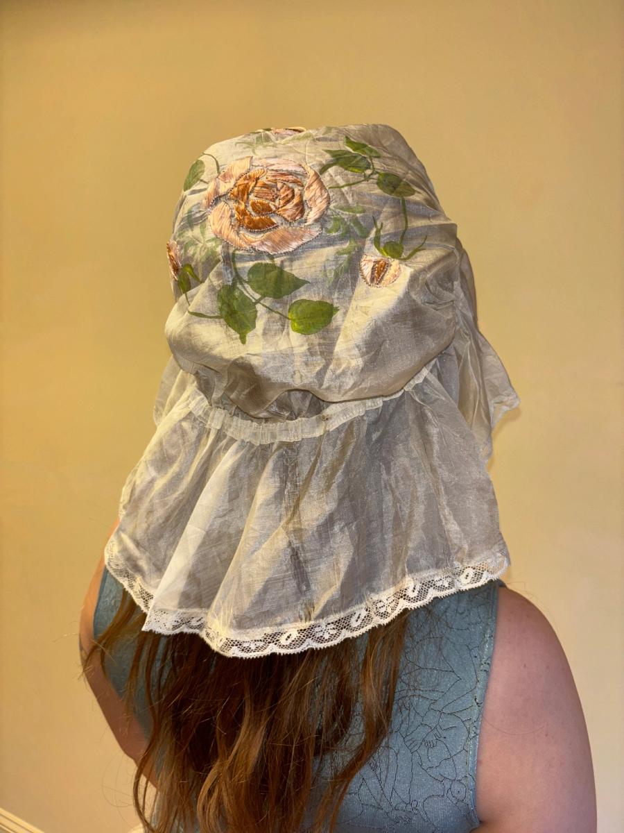 Antique Silk Sleeping Cap with Painted & Embroidered Rose  product image