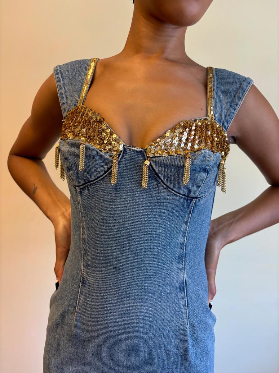 80s Katharine Hamnett Denim Gold Tassel Minidress product image