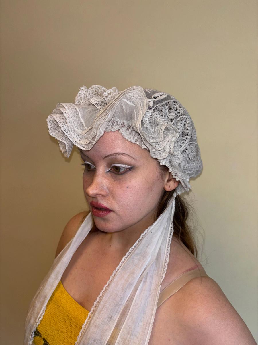 Antique French Embroidered Bonnet with Sashes product image