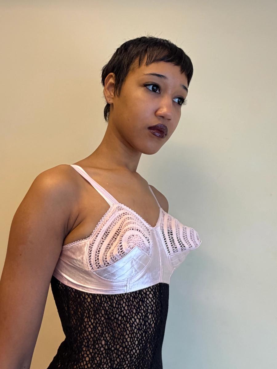 1940s-50s Pink Satin & Crocheted Bullet Bra  product image