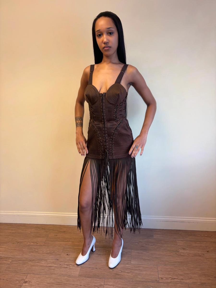 1990 Gaultier Satin Cone Bra Girdle Dres with Lacing Fringe Hem product image