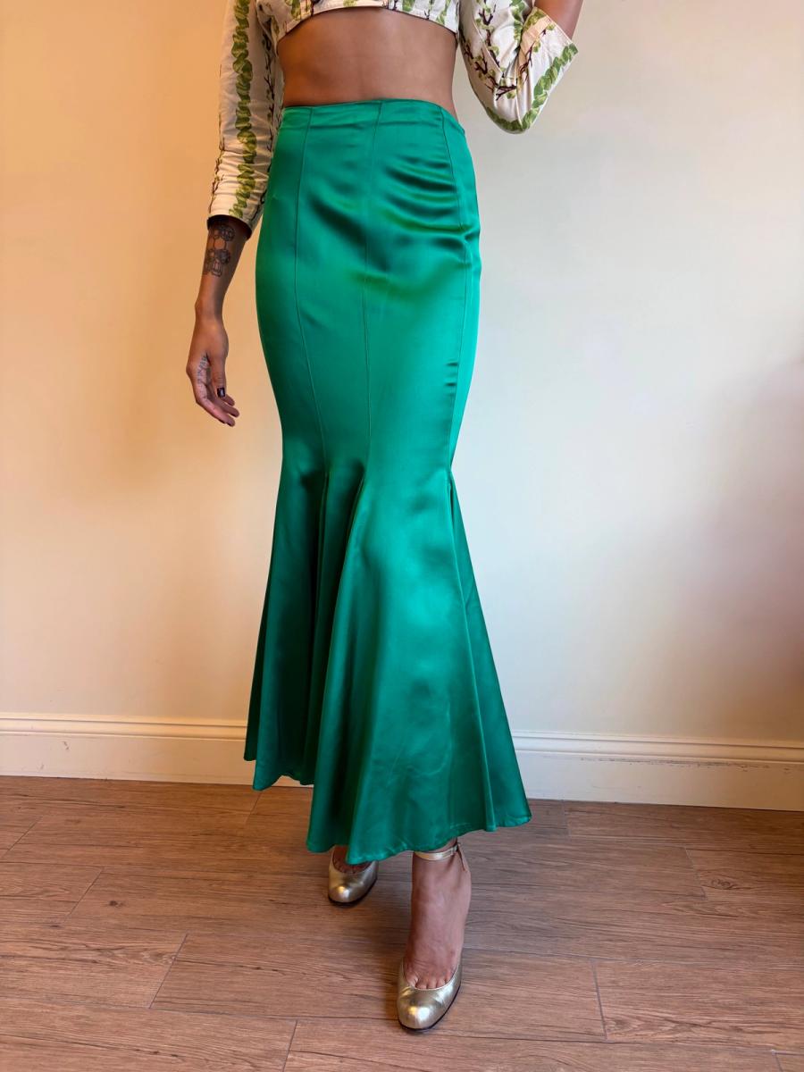 1980s Norma Kamali OMO Emerald Green Trumpet Skirt product image