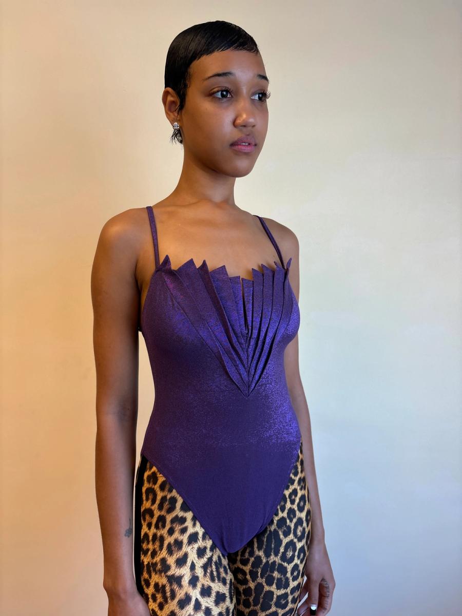 80s Nikos Apostolopoulos Purple Fan-pleated Bodysuit product image