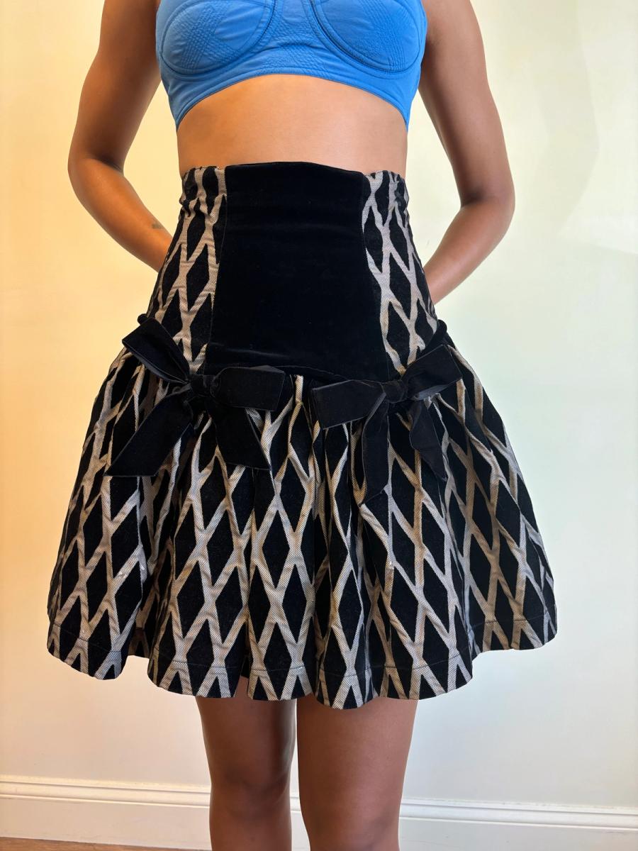 80s Chantal Thomass Hi-Waisted Diamond Flocked Bow Skirt 