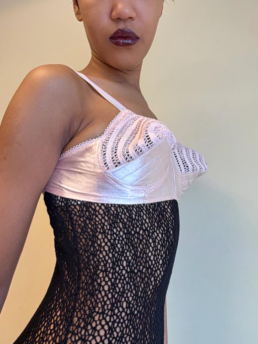 1940s-50s Pink Satin & Crocheted Bullet Bra  product image