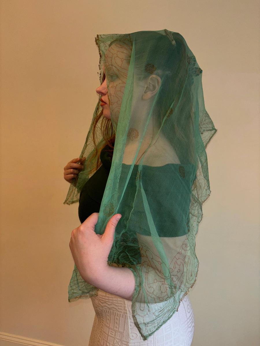 Vintage Indian Silk Scarf with Gold Block Print  product image