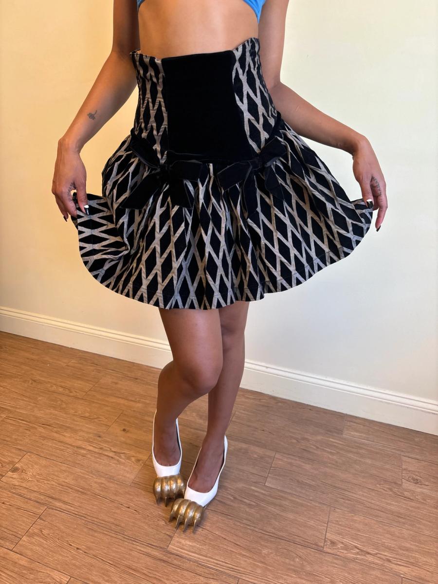 80s Chantal Thomass Hi-Waisted Diamond Flocked Bow Skirt product image