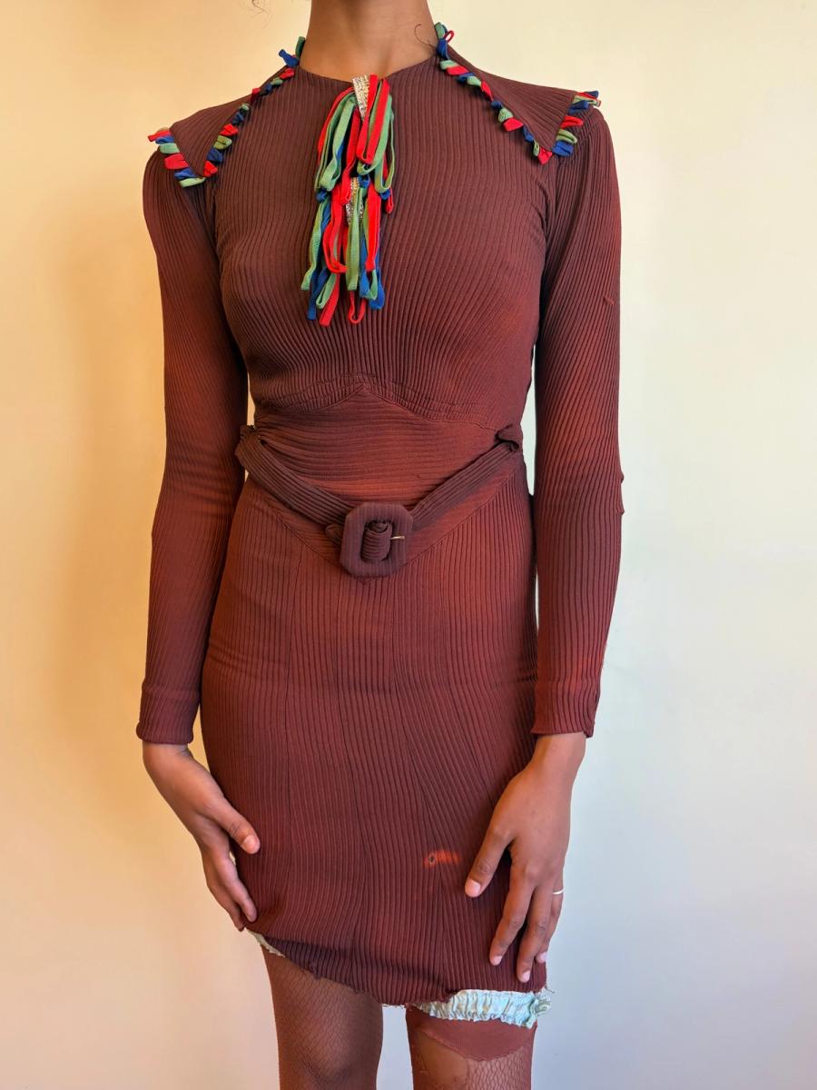30s or 40s Rib Knit Rhinestone and Ribbon Dress product image