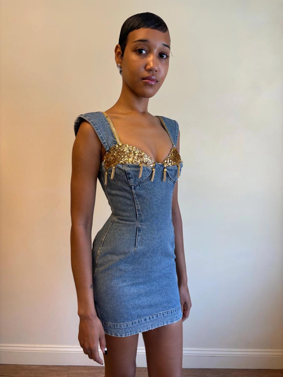 80s Katharine Hamnett Denim Gold Tassel Minidress product image