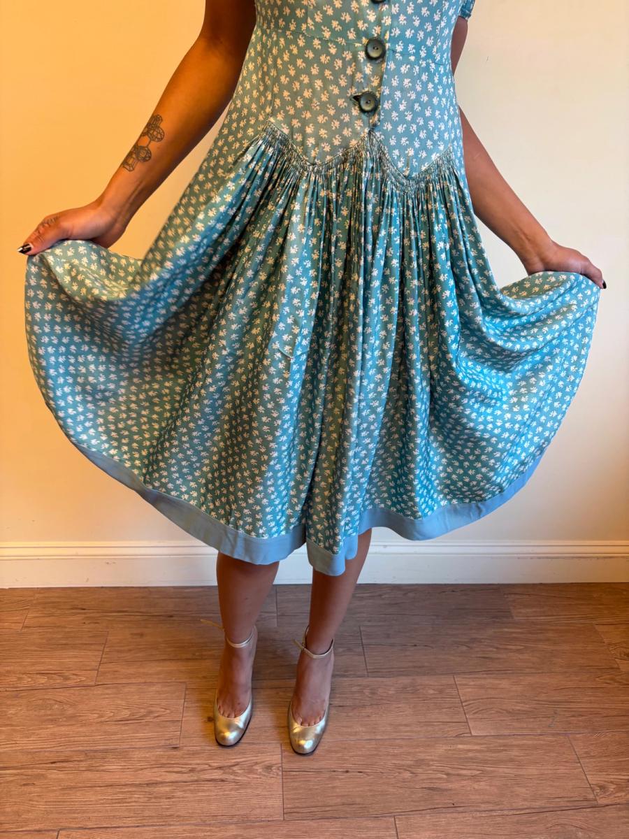 1940s Turquoise Floral Cold Rayon Dress product image