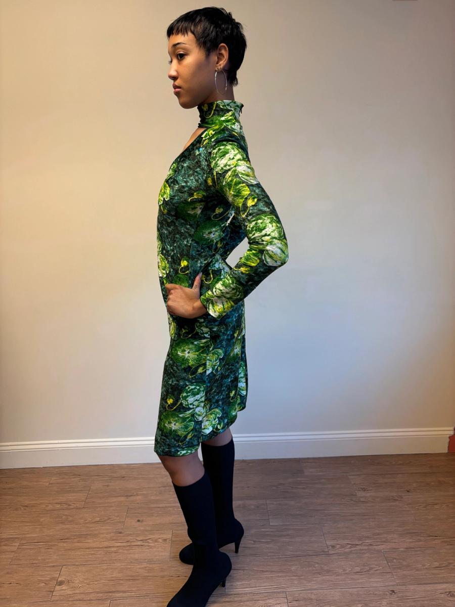 90s Jean Colonna Green Floral Crushed Velvet Dress product image