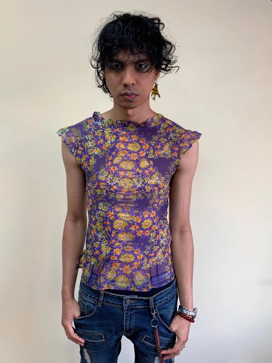 Yoshiki Hishinuma Purple Floral Pleated Top product image