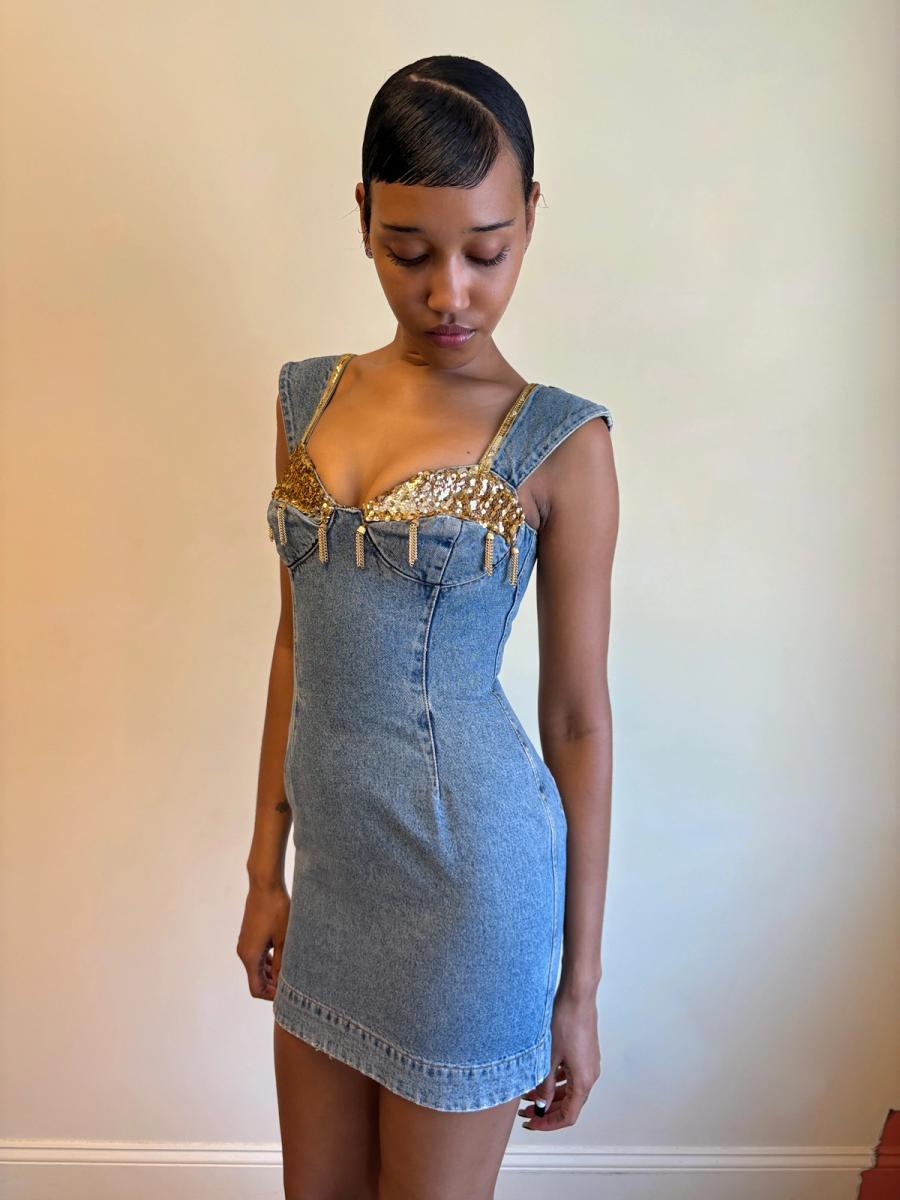 80s Katharine Hamnett Denim Gold Tassel Minidress product image