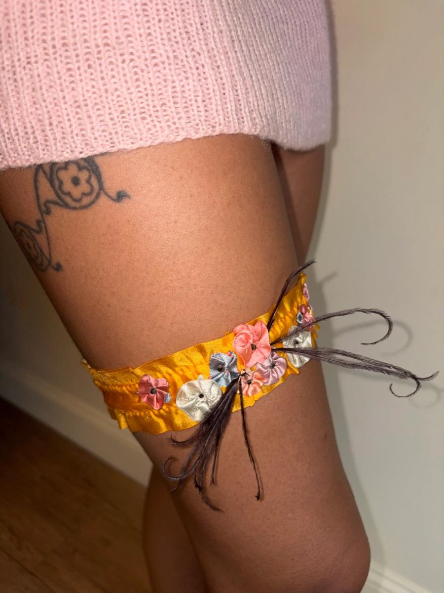 1920s Tangerine Silk Flower Garter with Feather product image