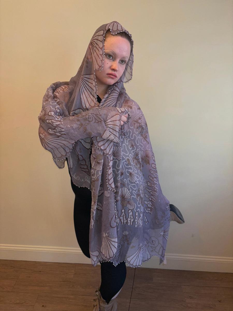 Zandra Rhodes Squiggle & Shell Printed Shawl with Pearl Beaded Edges product image