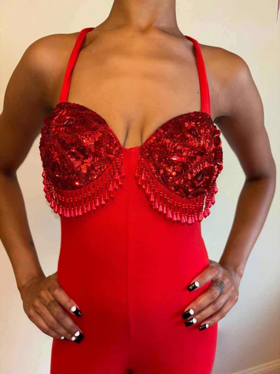 80s Red Beaded Fringe Leotard product image