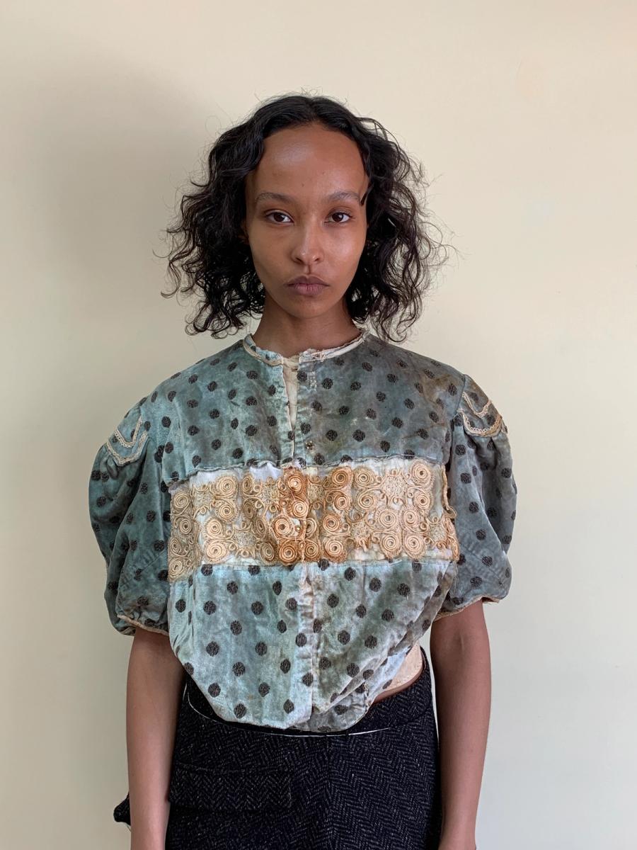 1890s Velveteen Teal Bodice with Balloon Sleeves product image