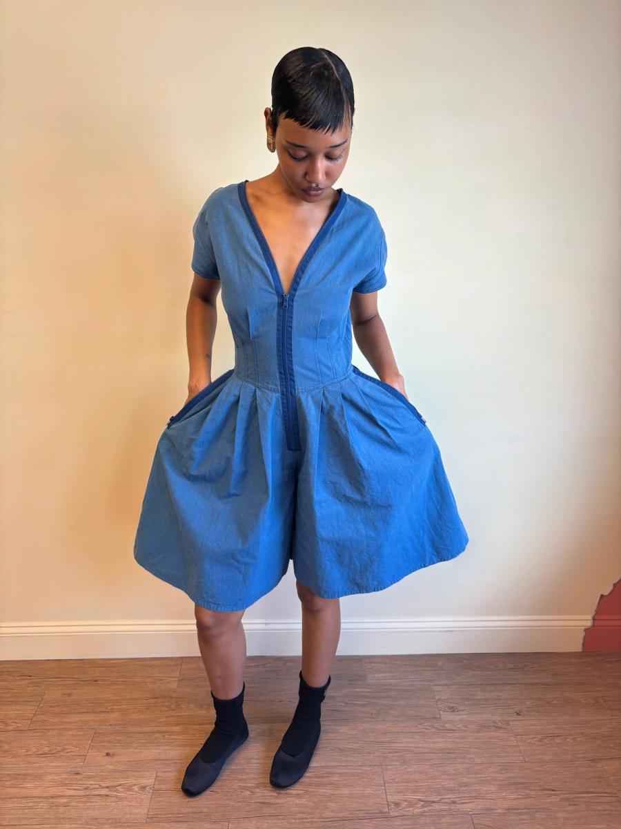 80s Krizia Chambray Romper with Zippers 