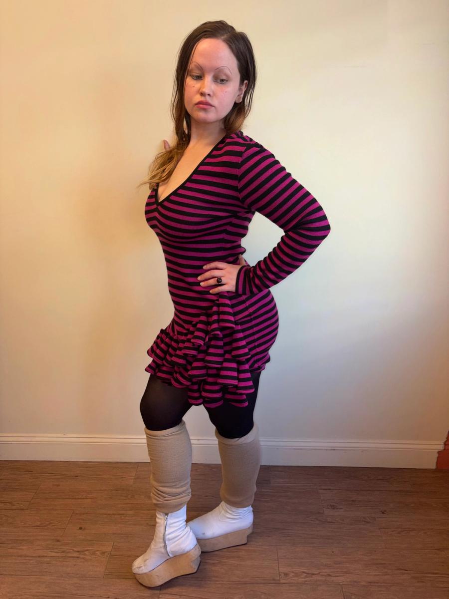 1980s Dorothée Bis Hot Pink Striped Dress With Dimensional Rosettes  product image