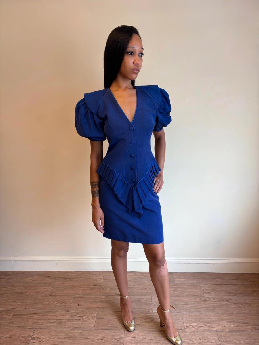 1980s Claude Petin Blue Moiré Dress  product image