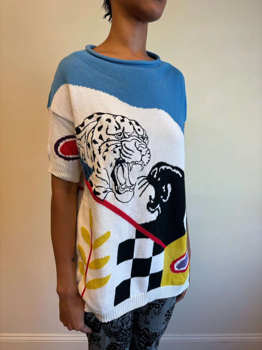 80s Krizia Battling Big Cats Knit Sweater product image