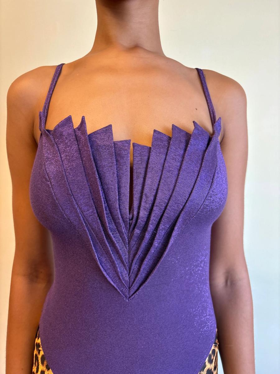 80s Nikos Apostolopoulos Purple Fan-pleated Bodysuit product image